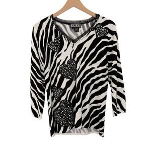 Vintage BEREK Zebra Print Heart Embellished Sweater Black & White Size M